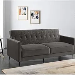 Fine Wood Art - Modern 3-Seater Sofa Cum Bed Velvet Upholstery, Channel and Button Tufted Design, Furniture with Flared Arms Sofa for Living Room, Bedroom, Hallway, Guestroom (Grey)-image-85