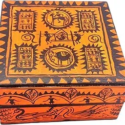 Multipurpose multi-colour Saurachitra Decorative rectangular box Box-S-114 | hand made hand painted tribal craft |storage box with lid| size 4 inch X4 inch X 2.5 inch deep image 1