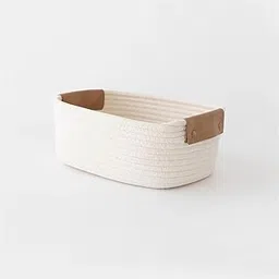 Small Cotton Woven Basket with PU Leather Handle, Cotton Rope Organizer for Baby Kids Clothes Toys Candy Gifts, Storage for Living Shower Room Bathroom Laundry, Bed for Dog Cat, Cute Decor, White-picture-18
