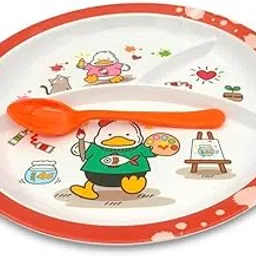 Superware Premium Melamine Kids 3 Section Divided Plate with Spoon Set of 2 Adorable Duck Design Toddler Feeding Dinnerware Child Safe Non Toxic Durable-picture-21