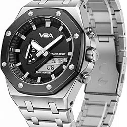 v2a Allure Octagonal Screw Case Analogue-Digital Watch for Men, Stainless Steel Band, 30M Water Resistant, 5 Alarms, World Time, Countdown, Stopwatch Men Watch | Birthday Gift for Man (M-Silver-Black)-picture-19