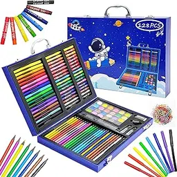 VGRASSP 128 Pcs Space Theme Drawing and Painting Kit Toy for Kids - Complete Art Set with Watercolors, Oil Pastels, Crayons, Colored Pencils and More - Portable School Stationery Set-picture-33
