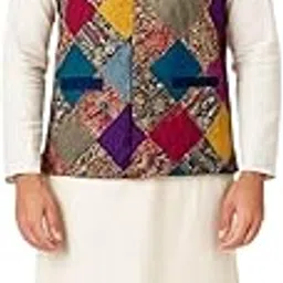 fash weave Men’s Cotton Kalamkari Patchwork Sleeveless Jacket with Mandarin Collar | Handcrafted Style Waistcoat with 2 Front Pockets | Ethnic Casual Layering Vest (Multicolors)-picture-46