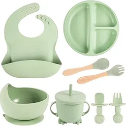 NILZONE Baby Weaning Set, 8 Pcs Silicone Feeding Set Includes Adjustable Bib, Divided Plate, Suction Bowl, Drinking Cup, Fork, and Spoon for Babies Toddlers Kids-image-37