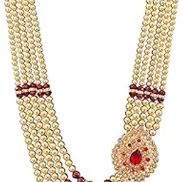 New Moti Mala For Men Necklace groom Pearl Sherwani Traditional Gold Plated Five Layered Design for Marriage Indian Wedding (Dulhe ki mala) (Maroon)-image-10