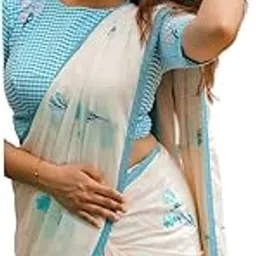 Womens New Latest Bollywood Style Linen Cotton Floral Printed Fancy Lace Border Saree with Blouse | Saree For Womens-image-1
