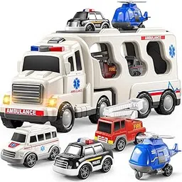 5 in1 Ambulance Truck Toys, Big Transport with 4 Small Friction Power Toy Car with Lights and Sound Effects for 3-6 Years Old Toddlers Boys Girls Birthday Gift (5 in 1 Ambulance Truck)-image-27
