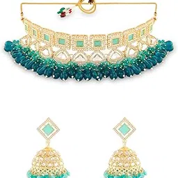 zaveri pearls Turquoise Mint & Teal Green Cluster Beads Drop Dazzling Austrian Diamonds Choker Necklace & Earring Set For Women-ZPFK18057-picture-18
