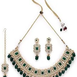 sukkhi Glitzy Gold Plated Rani Pink Ad Stones & Beads Studded Choker Necklace Set For Women-picture-38