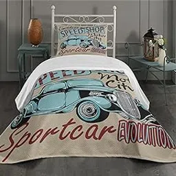 Ambesonne Retro Coverlet, Nostalgic Advertising Print Antique Sports Auto in Retro Rusty Colors Art Design, 2 Piece Decorative Quilted Bedspread Set with 1 Pillow Sham, Twin Size, Brown Teal Red-image-8