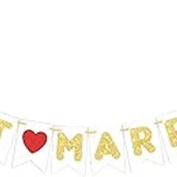 Wobbox White & Golden Giltter "Just Married" Bunting Banner, Wedding Decoration Item image 1