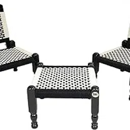 Traditional Handicrafts Black and White Cotton Rope Set of Wooden Folding Chairs khatli bajot Stool chowki pidda mudda rajwadi Furniture Table-picture-22