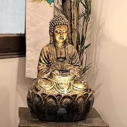 EXPLEASIA 2ft Resin Lotus Buddha Water Fountain for Home, Office, Garden, Buddha Water Fountain, Fountain for Home Décor, Waterfall Fountain Indoor Home décor (56X30X30) (Golden)-image-1