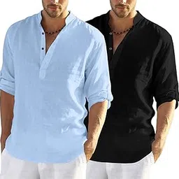 zombom Combo of Men's Cotton Polyester Blend Solid Full Sleeve Kurta Shirt Pack of 2-picture-51