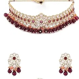 zaveri pearls Wine & Peach Cluster Drops Kundan Choker Necklace Earring & Ring Set For Women-ZPFK16510-picture-19