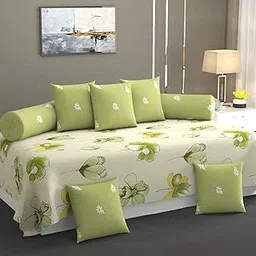 NHD HOME diwan Set for Living Room, diwan Set Covers Glace Cotton, diwan Set 8 Pieces (1 Diwan Sheet (Bedsheet), 5 Cushion Covers, 2 Bolster Covers) (Color- Light Green Beige) Floral Printed-image-42