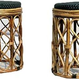 HM SERVICES Cane Round Stools(2 Pcs Set with Cushion)-image-40