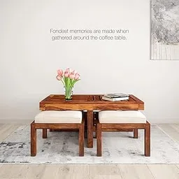 Sheesham Wood Centre Coffee Table with 2 Cushioned Stools | Elegan Wooden Teapoy for Living Room and Office | Stylish Furniture for Home Decor and Gathering (Honey Teak Finish)-image-36