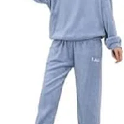 Women Fuzzy Lounge Casual Pajamas Sets Long Sleeve Fleece Pullover and Pants Set Fluffy Loungewear Sleepwear Free Size (28 Till 32) (Sky Blue)-image-4