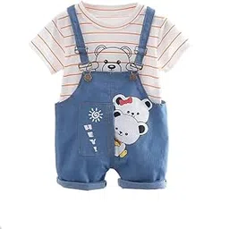 bold n elegant Blended Stripe Bear Panda Friends Cute Cartoon Print Half Sleeve Kid's T-Shirt With Dungaree Bibshorts For Baby Boy's & Girl-picture-51