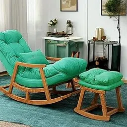 Wooden Rocking Chair with Footrest | Reading Lounger Rest Chair | Arm Chair for Home | Bedside Backrest Chair for Pregnant Women Recliner Bedroom Living Room (Turquoise)-picture-33