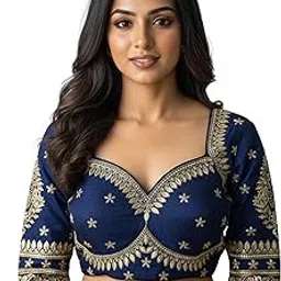 shrisay creation Women's Elegant Vichitra Silk Heavy Embroidered Padded Blouse - Sequin Work with Tassels - V-Neck Front, Hook Back - Short Sleeves - Ready Size 38 (Alterable 36-40)-picture-24