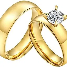 Unisex-Adult Gold Plated Classic Solitaire Propose Couple Rings For Lovers Wedding Engagement Band Valentine Jewellery For Men And Women, Size_9 & 7-image-25