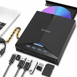 GR Deals 7 in 1 USB 3.0 External CD/DVD Drive for Laptop - Portable Burner and Player Compatible with Desktop PC Windows 11/10/8/7 Linux Mac OS (Jet Black)-image-0