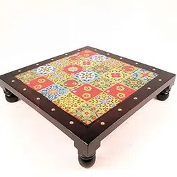 Apka Mart The Online Shop Wooden Pooja Chowki with Ceramic Tiles | Decorative Bajot (Brown, 12 inch) - for Pooja, Temple & Home Decor-picture-14