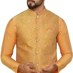 kisah Men's Nehru Jacket, Off White Silk Blend, Woven Design Mandarin Collar Regular Fit Sleeveless-picture-48