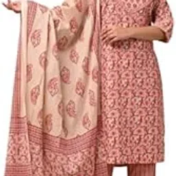 swasti Plus Size Floral Print Pure Cotton Straight Kurta, Dupatta & Pant Set Pink-picture-39