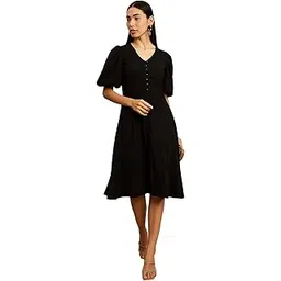 amazon brand - inkast Women's Polyester A-Line Midi Dress | Short Puff Sleeves Casual Occasions-picture-32