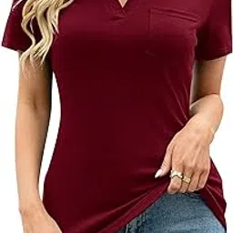 akewei Womens V Neck Polo Shirts Short Sleeve Collared Tops Loose Casual Tunic Blouses with Pocket-picture-34