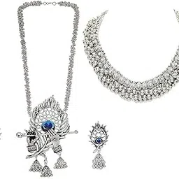 ziyans fashion |Oxidised Silver Designer Jewellery Gungroo Choker Necklace and Krishna Flute Necklace Set with Earring for Women & Girls…(Silver)-picture-28