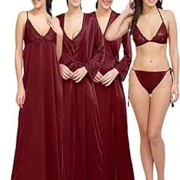 punchi Women's Satin Nightgown Set with Robe, 4 Piece Sleepwear, V-Neck, Lace Trim, Full Length, Summer Nightwear for Adult-picture-27