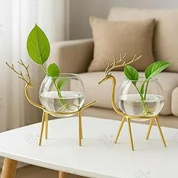 Elegant Deer Gold Metal Stand with Glass Vase | Modern Artistic Table Centerpiece for Living Room, Bedroom & Office | Decorative Flower Pot Planter for Home Decor | Unique Gift Showpiece Ornament-picture-19