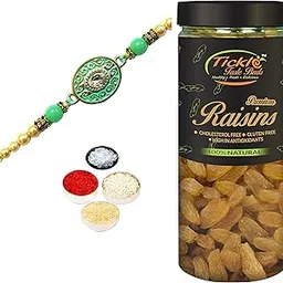 Designer Trendy Sea Green Rakhi for Brother Gift Combo with Kishmish Jar 250gms & Personal Message, Roli Tikka Chandan Chawal Mishri Special Pack for Bhai Bhaiya-image-42