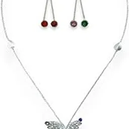 Women's & Girls Silver-Tone Multicolor Sparkling American Diamond Butterfly Pendant Necklace Set with Earrings, Latest Stylish Jewellery Set for Gifting-image-38