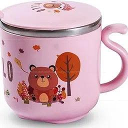 FunBlast Milk Mug for Kids - Cartoon Design BPA-Free Stainless Steel 304 Cup With Lid, Double Wall Vacuum Insulated, 270 Ml (Pink)-picture-13