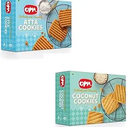 Om Sweets and Snacks (Atta Cookies+ 2Coconut Cookies) | No added colours or preservatives | Fresh Products | Ready to eat | Finest snack | Tea time snacks | 350 Gms each | Pack of 3-image-0