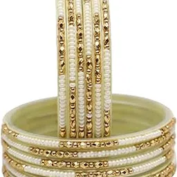 chirag bangle Traditional Glass Bangles Beading With Cream And Golden Beads For Adult,Women And Girls (Packing of 12 Bangles)-picture-28