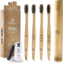 GREENZLA Bamboo Manual Toothbrush (4 Pack) With Travel Case & Charcoal Dental Floss|Natural Eco Friendly Toothbrushes For Adults|Bpa Free, Soft Bristles & Biodegradable Wooden Toothbrush-image-65