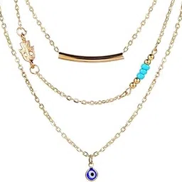 pinapes Good Karma Layered Necklace – Evil Eye, Turquoise Beads, Bar, and Hamsa Charms-picture-33