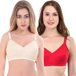 layeba Women's Pure Cotton Non-Padded Full Coverage Bra, Pack of 2, Skin and Red Color, Comfortable-picture-16