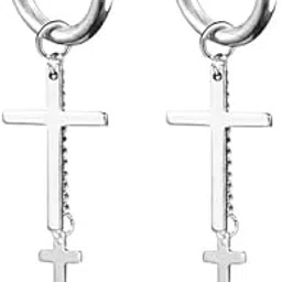 Men's and Women's Punk Goth Stainless Steel Hoop Double Cross Pendant Chain Earrings-image-20