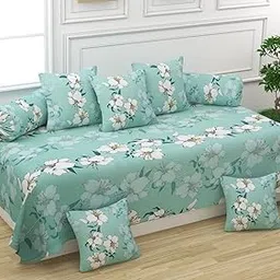Soft Glace Cotton Designer Printed Diwan Set, 1 Single Bedsheet, 2 Bolster Covers, 5 Cushion Covers (Green-Blue, Standard) - 8 Piece-image-40