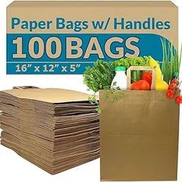 Aakriti Brown Kraft Paper Grocery Bags with Strap Handles – Extra Large 16"x12"x5" – Heavy Duty Shopping, Retail & Return Gift Bags – Durable & Strong – Pack of 100-picture-17