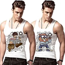 me funky MeFunky Men’s Gym Vest (Pack of 2) – Cartoon Printed Tank Tops | Soft Stretchable Cotton Hosiery | Sleeveless Workout Wear White-picture-33