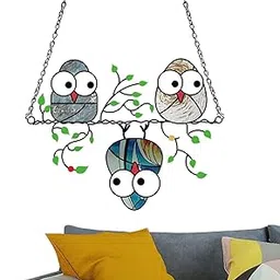 F FABOBJECTS® Multicolor Owls on a Wire,Multicolor Owl Stained Acrylic Window | Owls Stained Sun Catcher Window Panel Bird Window Sun Catcher Bird Ornament for Bird-picture-18