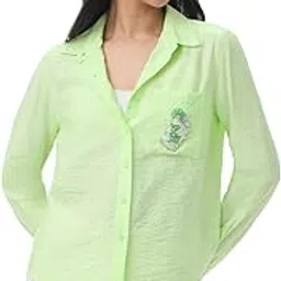 the souled store Textured Shirt: Lemonade Women and Girls Full Sleeves Spread Collar Lime Green Solid Viscose Nylon Regular Fit Lightweight Crinkled Embroidered Casual Shirt-picture-27